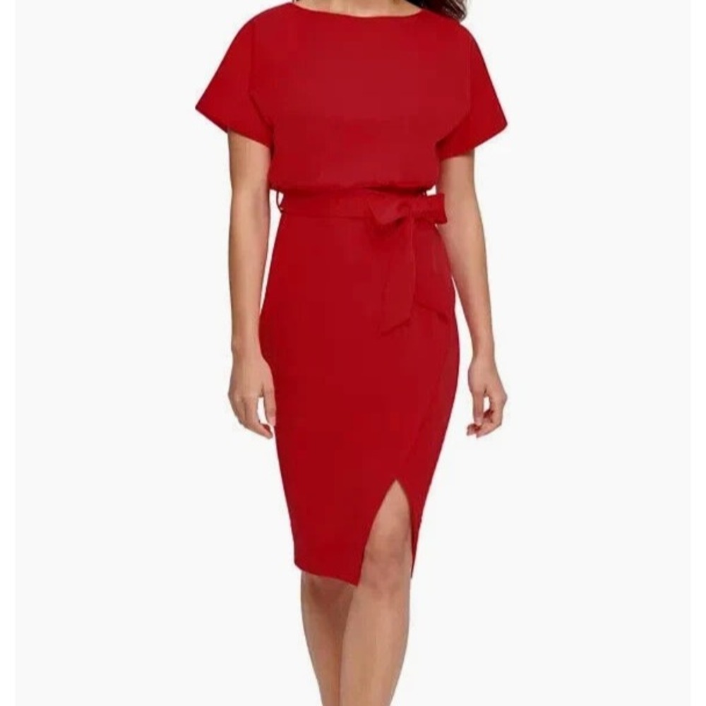 KENSIE Womens Red Short Sleeve Boat Neck Knee Length Blouson Dress Size 6